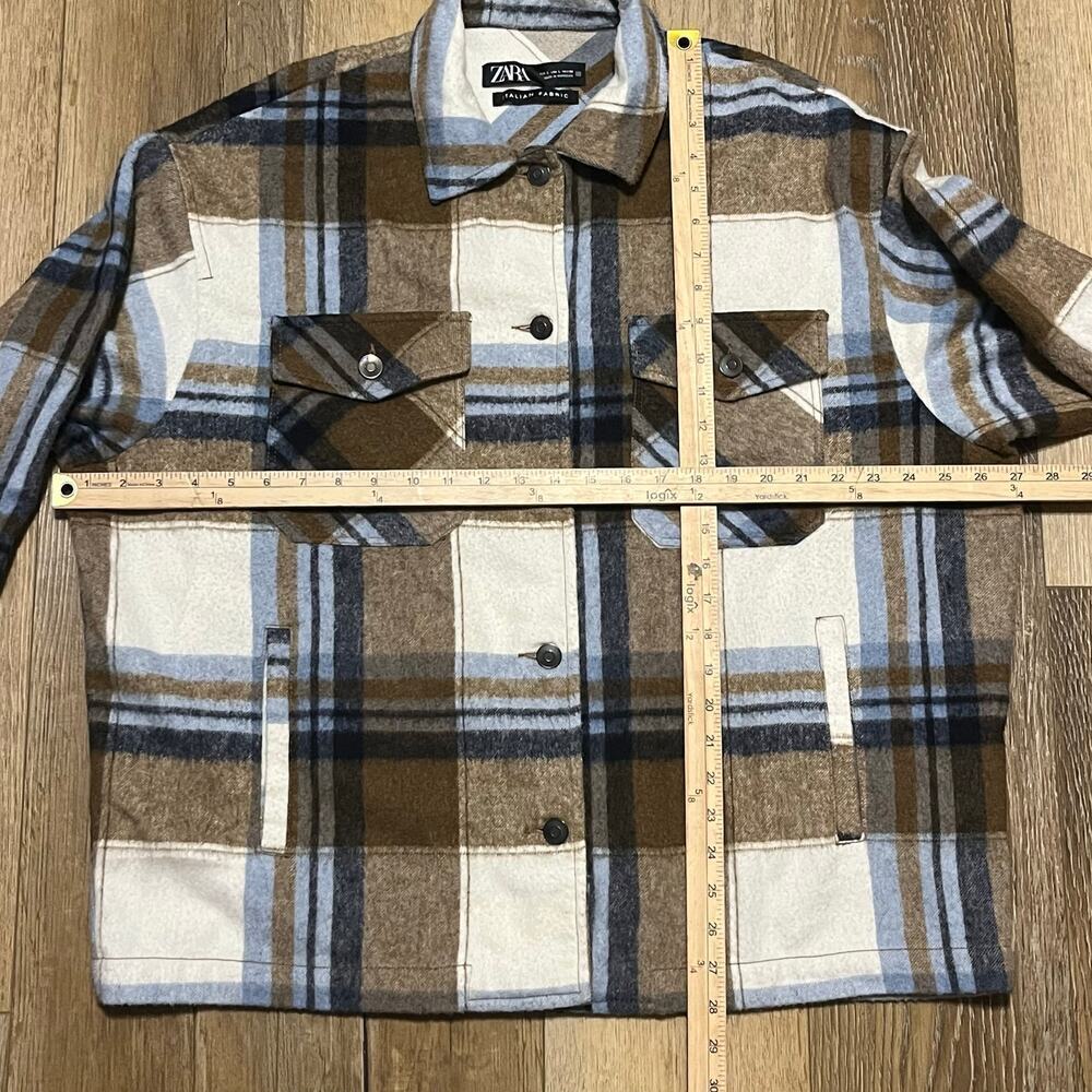 ZARA Oversized Plaid Shaket Jacket L Italian Wool Fabric Blue Brown Grunge 90s - Picture 7 of 7